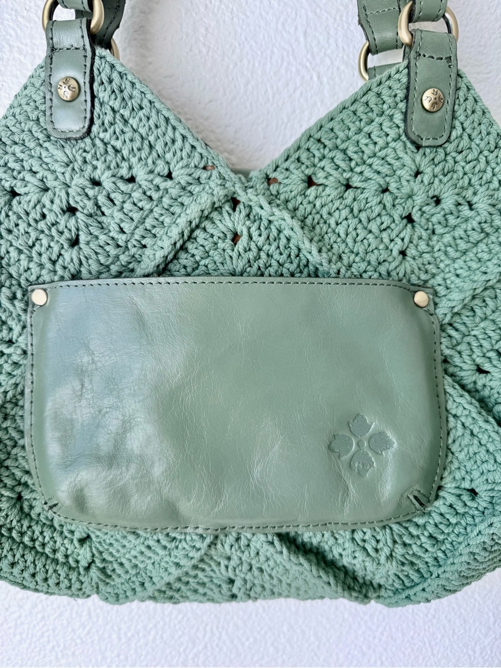 Patricia Nash Marti Diamond Crochet Shoulder Bag Sage Green Cotton | Leather - Picture 4 of 14